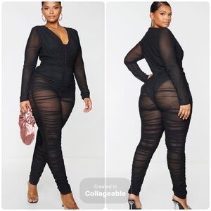 *NWT* PrettyLittleThing PLT Black Ruched Mesh Baddie Jumpsuit, Sz 22, Underwire